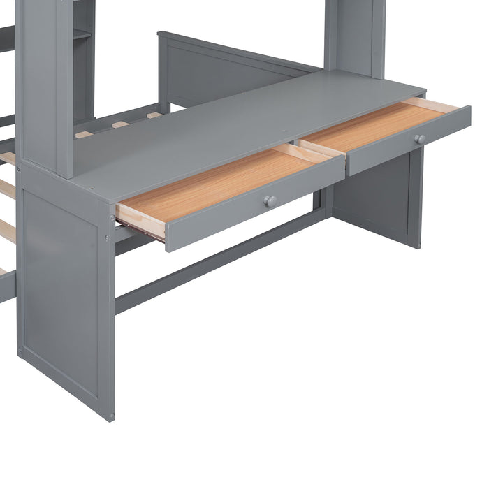 Loft Bed With A Twin Size Standalone Bed, Shelves, Desk, And Wardrobe