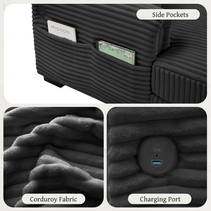 2 Seater L Shaped Chaise Sofa With Reversible Cushion, USB - C Charging Port, Storage Pocket, Convertible Left / Right Design