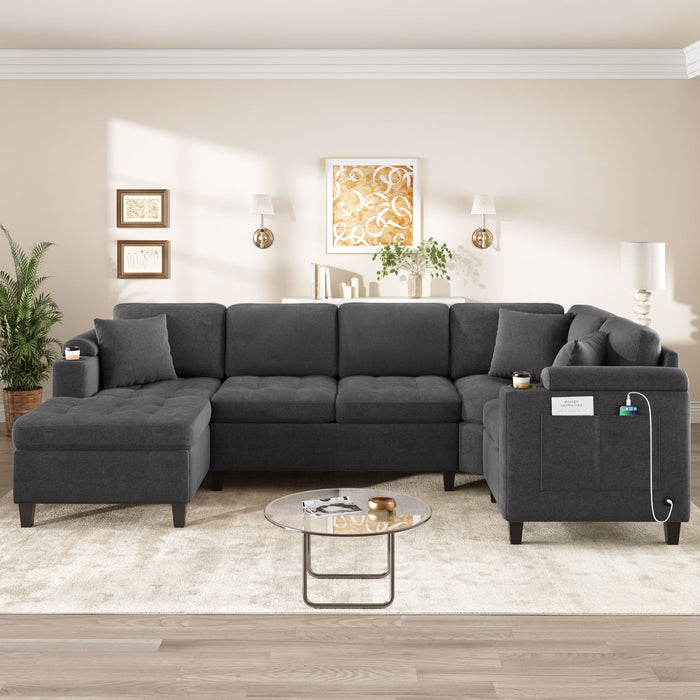 U Shaped Sectional Sofa, Corner Living Room Couch With Built In Cup Holders, Storage, USB Ports