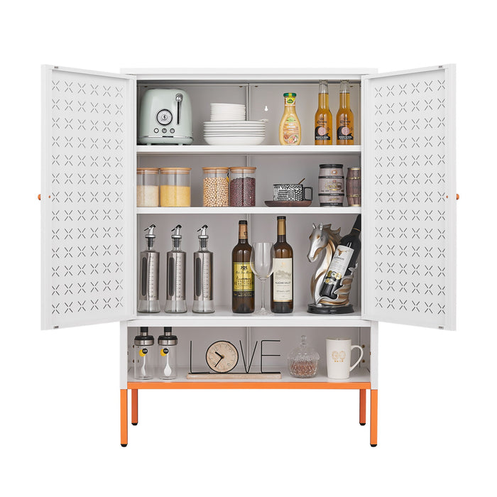 Grid Double Door Shoe Cabinet With Adjustable Compartments And Moisture-Proof Design In White Metal