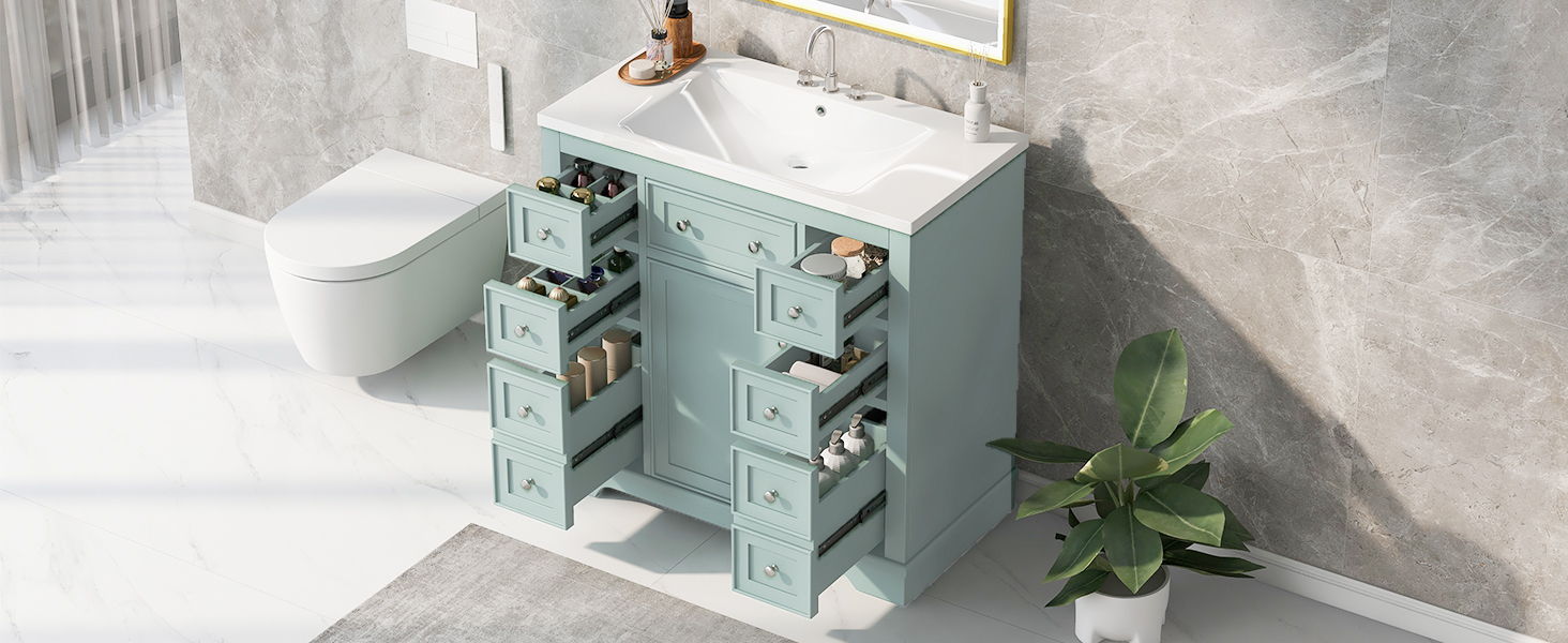 Bathroom Vanity With Sink Combo, One Cabinet And Six Drawers, Solid Wood And MDF Board, Green
