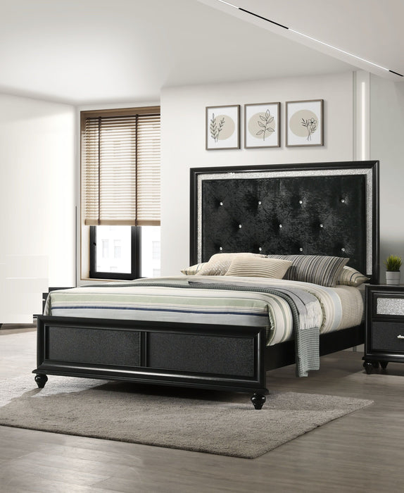 Modern Glam Style Black Finish Upholstered Queen Size Panel Bed Diamond Patterned Faux - Crystal Button Tufted Solid Wood Wooden Bedroom Furniture