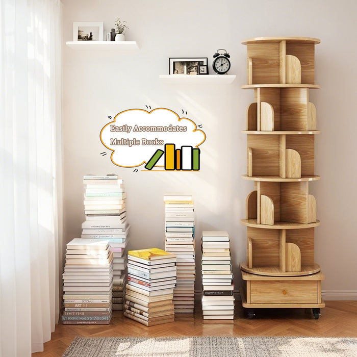 6 Tier Rotating Bookshelf With Wheels And Drawer, 360° Spinning Design, Space Saving Storage, For Home - Wood