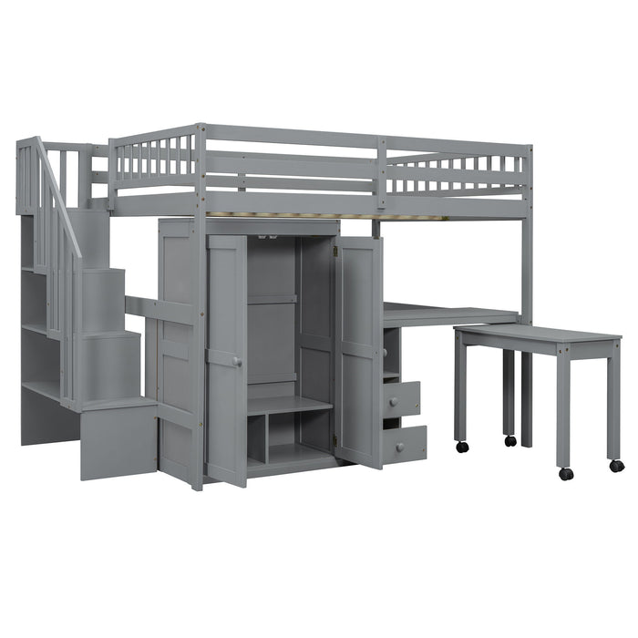 Loft Bed With Stairs, Bookshelf, Drawers, Desk & Wardrobe, Space Saving Multifunctional Furniture