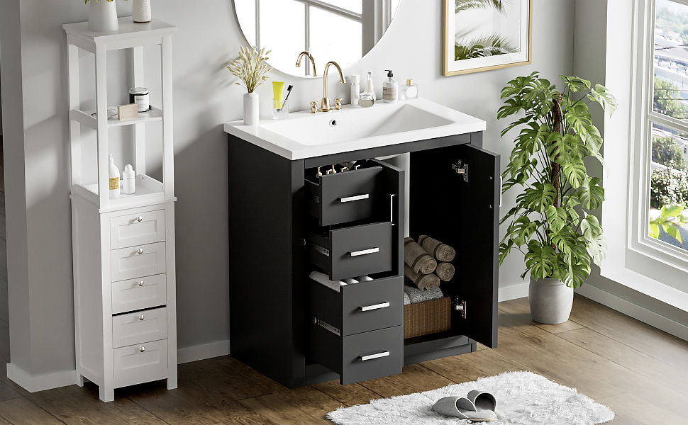 Ceramic Sink Combo, Freestanding Vanity Set With 3 Drawers & Soft Closing Doors