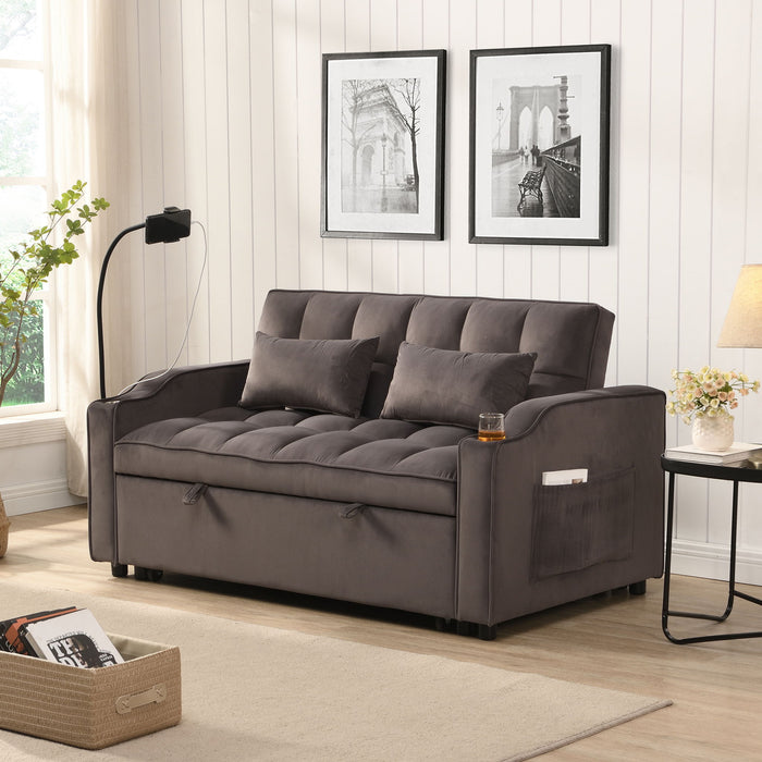Modern Velvet Loveseat Futon Sofa With Pullout Bed, Adjustable Reclining Backrest, Toss Pillows