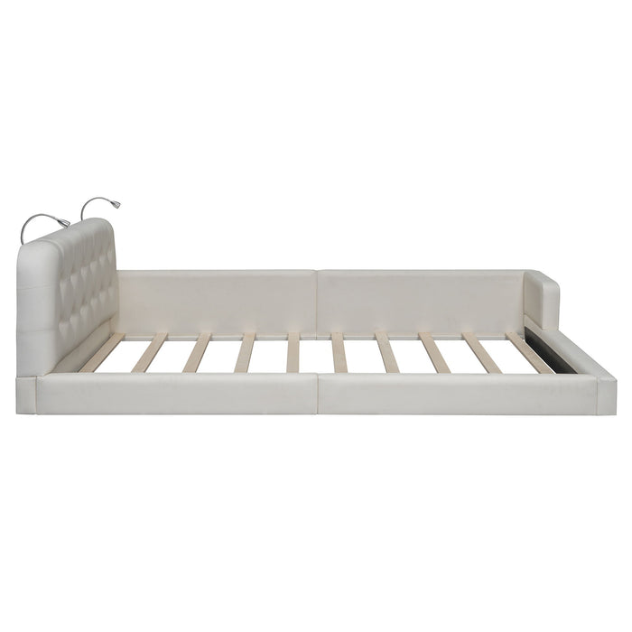 Queen Size Upholstered Platform Bed With 2 Reading Lights - White