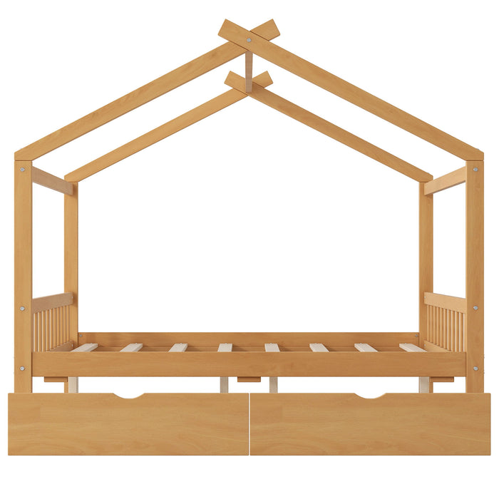 House Style Platform Bed With Headboard, Footboard, 2 Drawers, And Roof Design