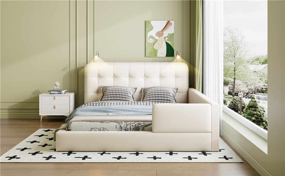 Queen Size Upholstered Platform Bed With 2 Reading Lights - White