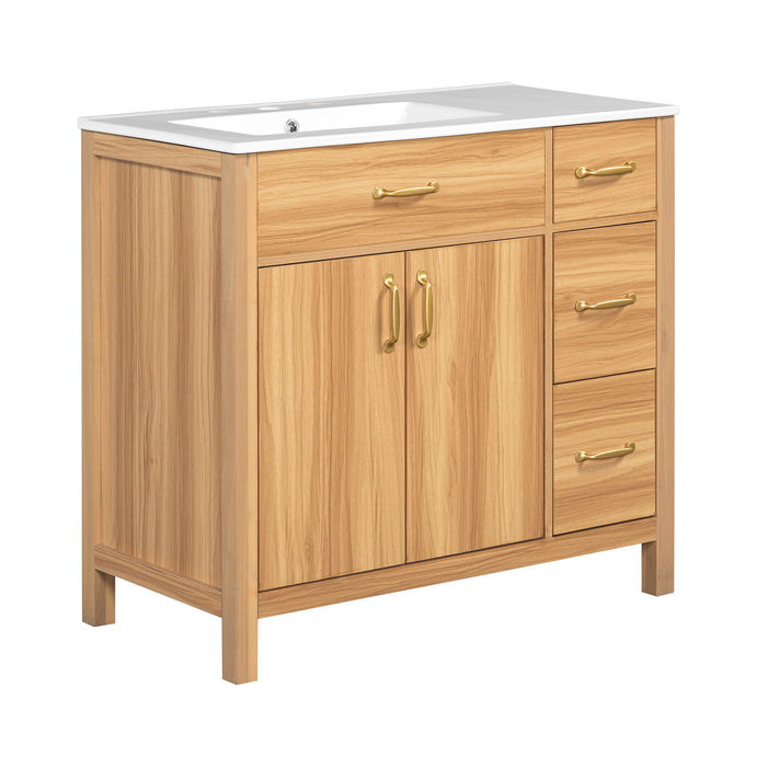 Bathroom Vanity, 2 Soft Close Doors, 3 Soft Close Drawers, Adjustable Shelf - Wood