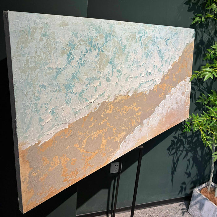 Neutral Beach Landscape Canvas Wall Art, Hand Painted Thick Textured Painting, Decor For Living Room - Beige / Blue