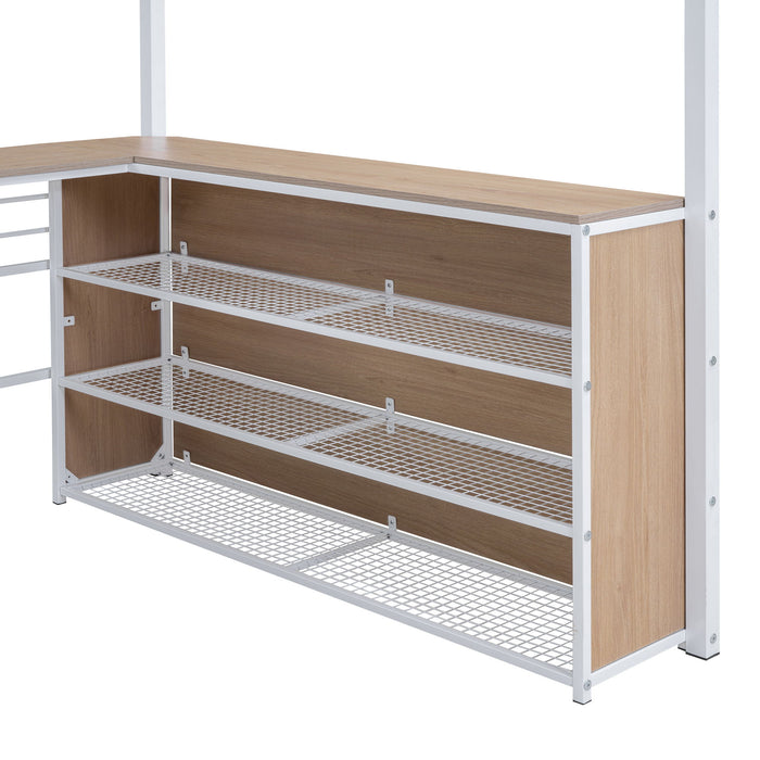 Loft Bed & 3 Layers Of Shelves And L-Shaped Desk