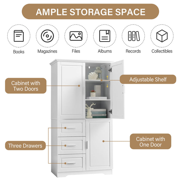 Tall Wide Storage Cabinet With Doors, 3 Drawers