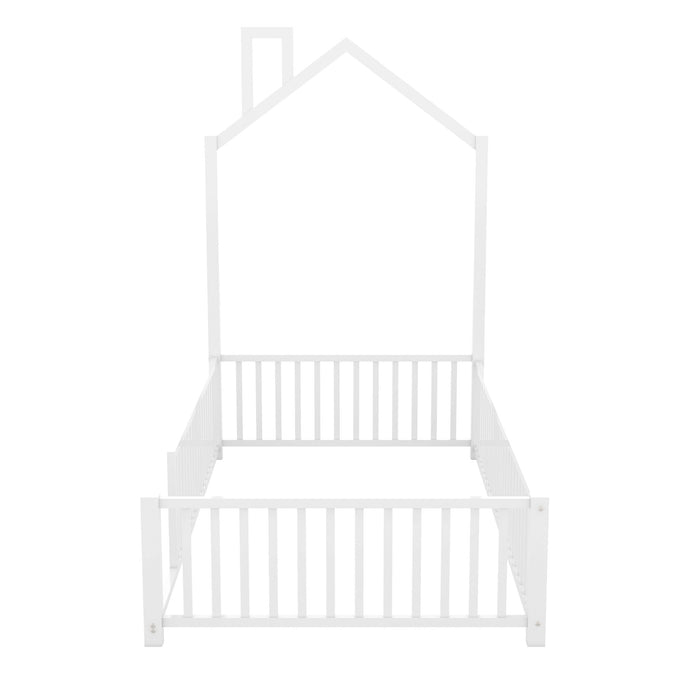 Metal House Platform Bed With Guardrail And Chimney