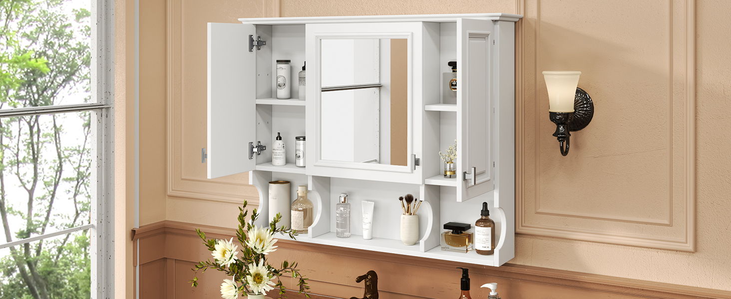 Wall Mounted Bathroom Medicine Wall Cabinet With Mirror & Open Shelves