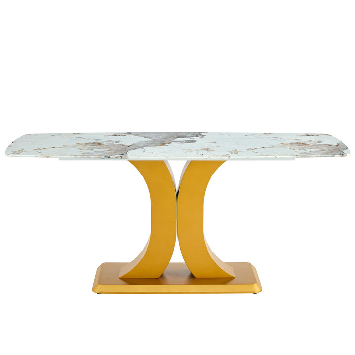 Modern Minimalist Dining Table With Imitation Marbled Glass Top And Legs For Kitchen And Living Room - Gold