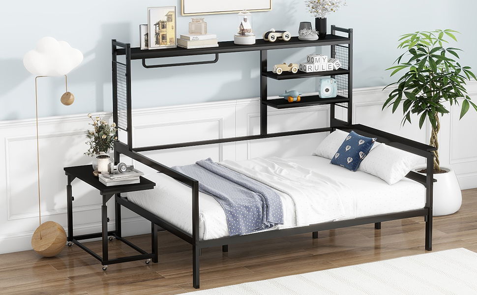 Daybed With Movable Desk, Grid, Shelves And Clothes Hanger
