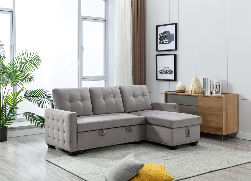 77" Reversible Sectional Storage Sleeper Sofa Bed, L-Shape 2 Seat Sectional Chaise With Storage, Skin - Feeling Velvet Fabric, Light Gray Color For Furniture