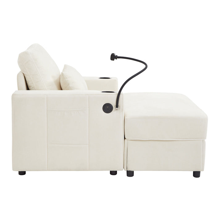 Modern Style Armchair Chaise Lounge Sofa Couch With Movable Storage Ottoman, USB Ports, Cup Holders, Phone Holder, Side Pockets