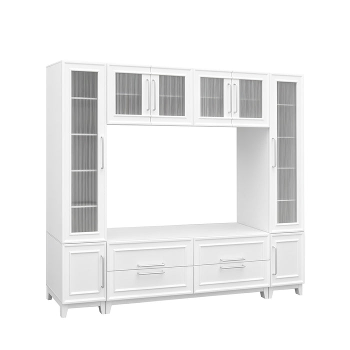 Wall Unit Entertainment Center With Glass Doors For TVs Up To 75" With Drawers For Living Room - White