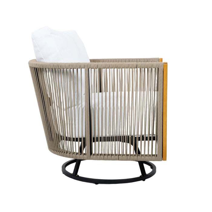 2 Swivel Chairs With Slat Top X Stretcher Side Table - Acacia Wood / Beige