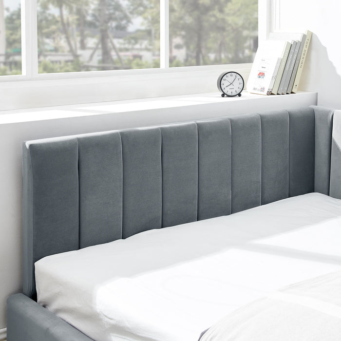 Mid-Century Upholstered Tufted Bed Frame With Backrest And Armrests