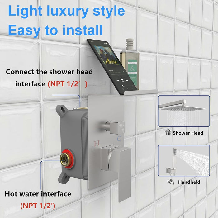 Rainfall Shower System With Storage Rack 10" Shower Faucet Set Brushed Nickel With High Pressure With Square Shower Head Luxury Shower Set Wall Mount