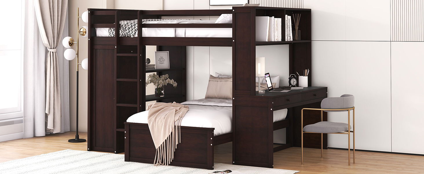 Loft Bed With A Twin Size Standalone Bed, Shelves, Desk, And Wardrobe