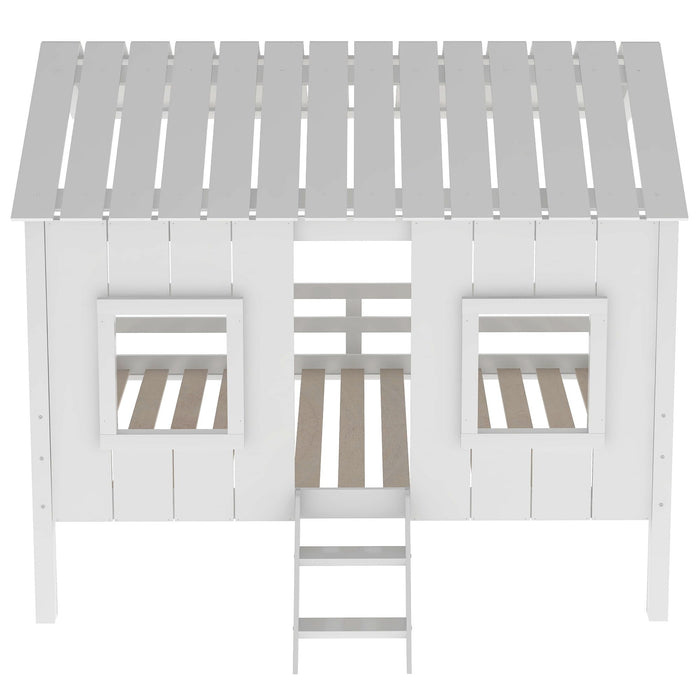 Twin Size Low Loft House Bed With Roof And 2 Front Windows - White