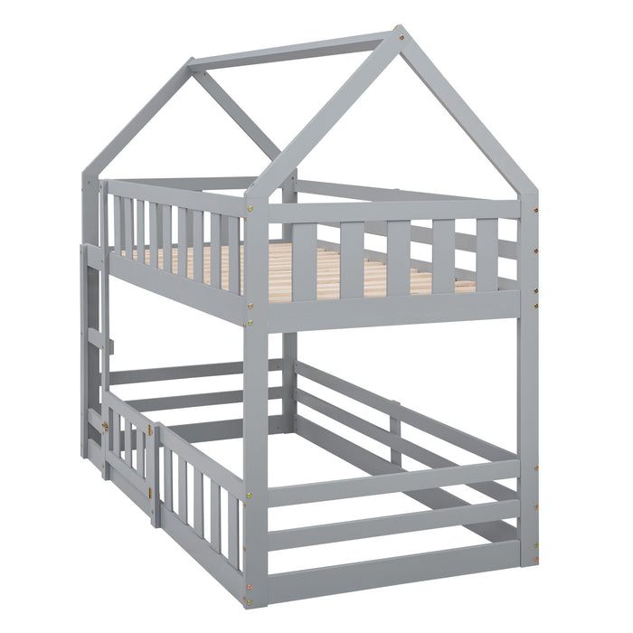 Twin Over Twin House Bunk Bed With Fence And Door