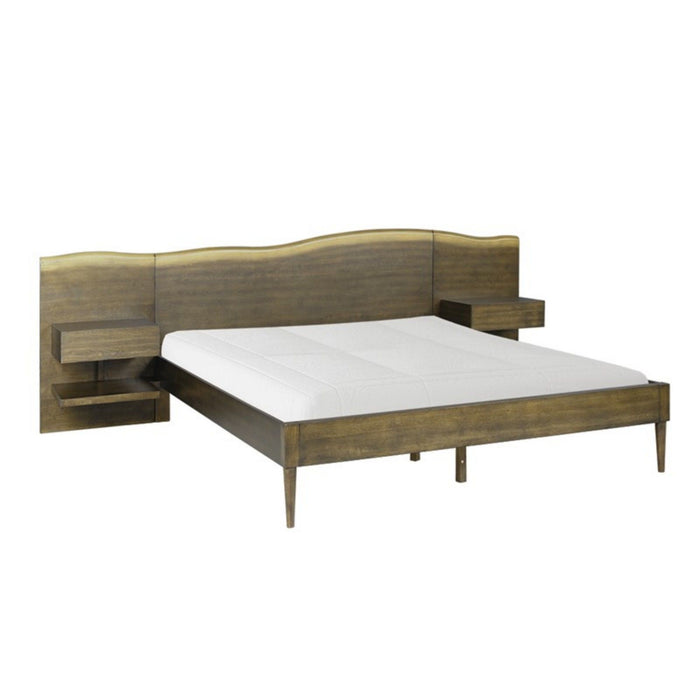 Queen Size Platform Bed Frame With Live Edge Headboard, Built In Nightstands - Dark Brown
