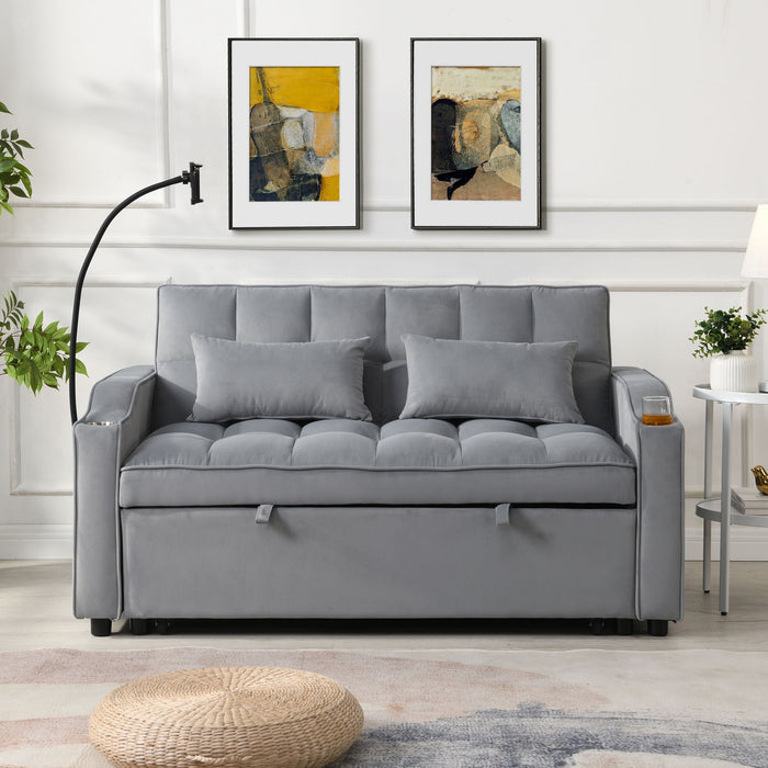 Modern Velvet Loveseat With Pullout Bed, Adjustable Reclining Backrest