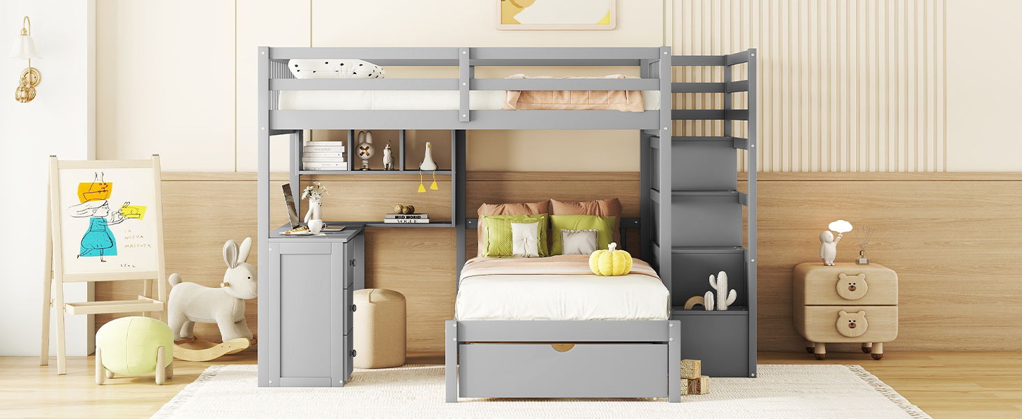 Bunk Bed With Desk, Drawers And Shelves
