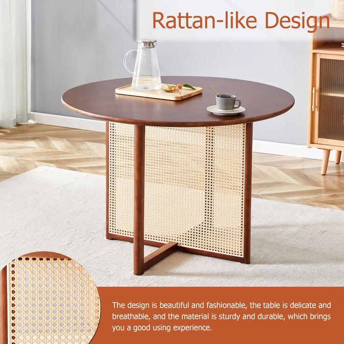 Retro Round Table With Imitation Rattan Rubber Wood - Walnut