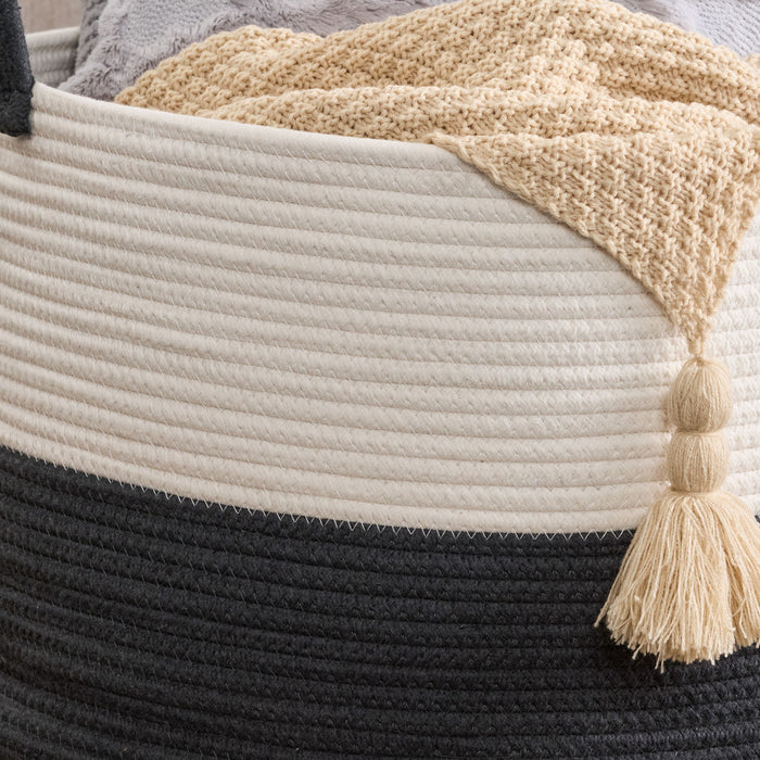 Cotton Round Laundry And Storage Basket With Sturdy Handles - Gray / White