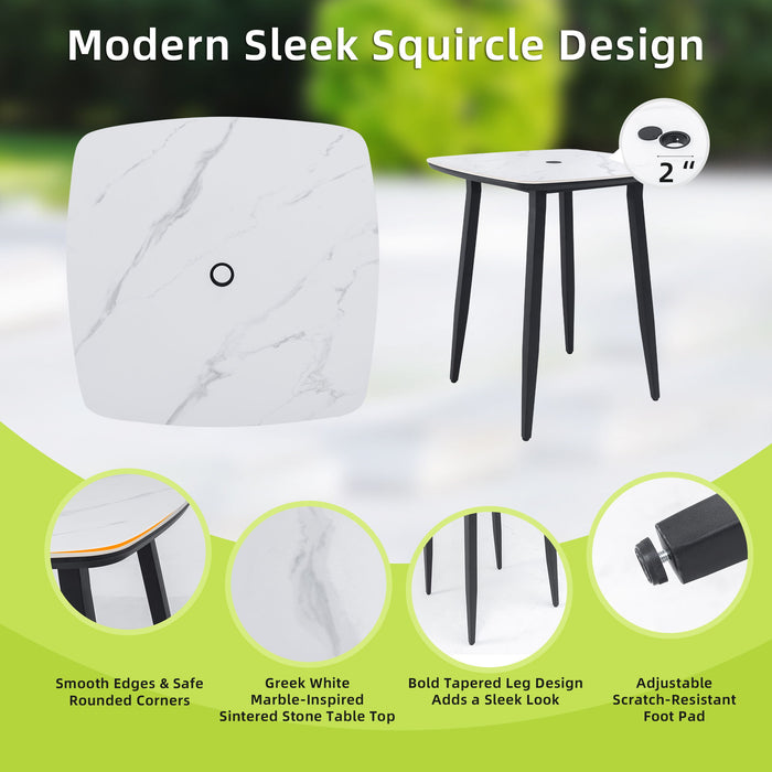 Modern Outdoor Patio Bar Set, Rounded Square Table & Bar Chairs, Non Rust Frame, Tapered Legs, Sunbrella Cushion