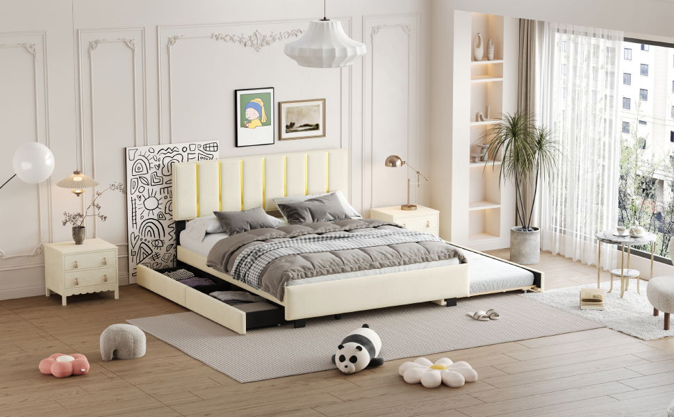 Upholstered Platform Bed With 2 Drawers And 1 Trundle, Classic Strip Headboard Design
