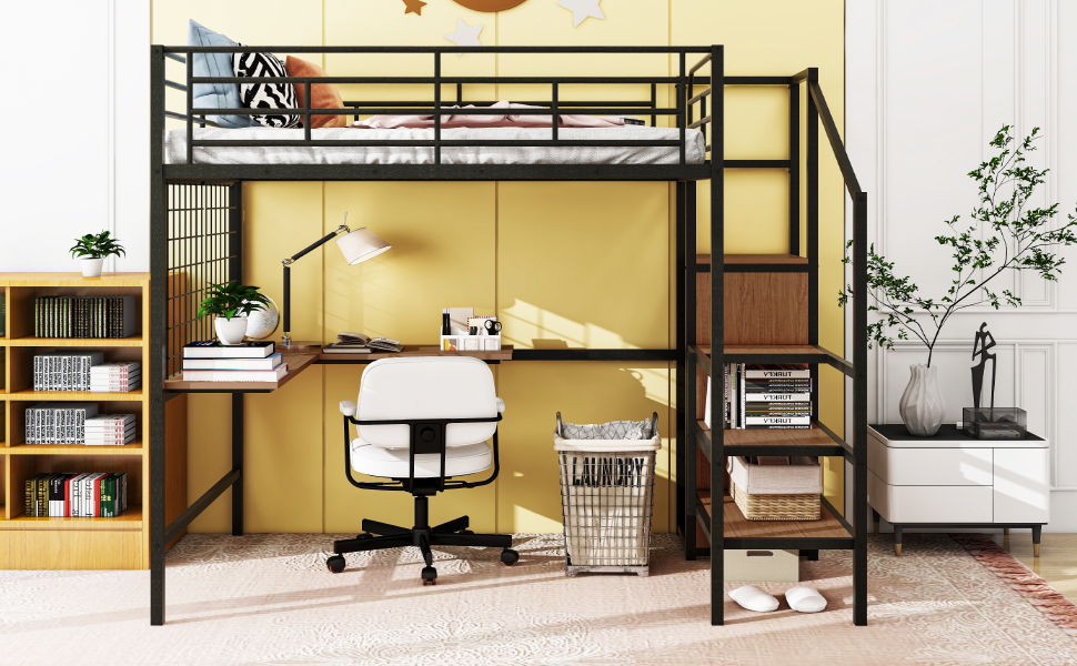 Loft Bed With Desk And Grid, Stylish Frame With Lateral Storage Ladder And Wardrobe