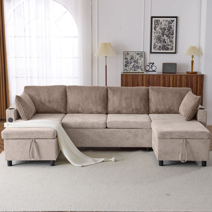Sectional Sofa Bed With Pull Out Sleeper, USB Ports, Cup Holders