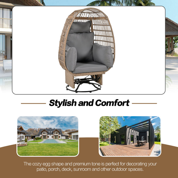 Trexm Outdoor Swivel Chair With Cushions, Rattan Egg Patio Chair With Rocking Function For Balcony, Poolside And Garden (Natural Wicker / Grey Cushion)