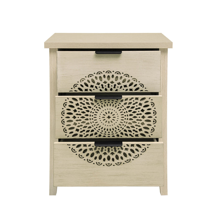 Hollow Carved 3 Drawer Cabinet Dresser Storage Chest With Metal Handles For Living Room Bedroom - Natural