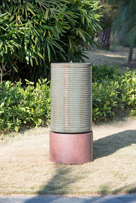 Large Modern Cylinder Ribbed Tower Water Fountain, Contemporary Outdoor Bird Bath