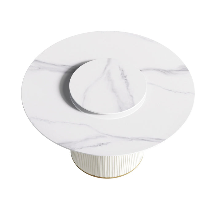 Modern Artificial Stone Round Plywood Base Dining Table, Can Accommodate 6 People, Artificial Stone Turntable (Not Including Chairs) - White / Beige