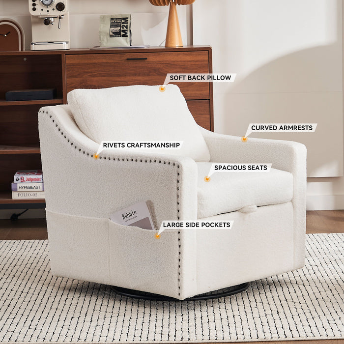Linen Fabric 360° Swivel Accent Chair With Upholstered Back Pillow And Rivet Armrest
