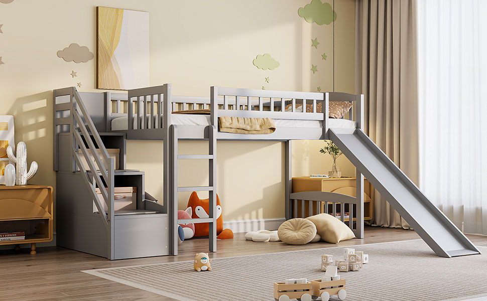 Loft Stairway Bed With 2 Drawers, Convertible Ladder And Slide