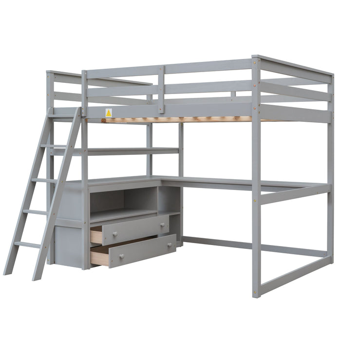 Modern Loft Bed With Built In Desk, Shelves, And 2 Drawers