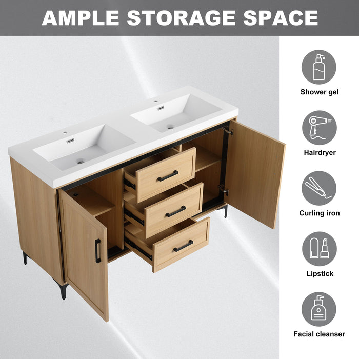 Original 60" Freestanding Bathroom Vanity With Double Resin Sink Plywood Soft Closing Doors & Drawers - Oak