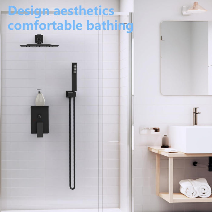 Rainfall Shower System With Storage Rack 10" Shower Faucet Set Matte Black With High Pressure With Square Shower Head Luxury Shower Set Wall Mount