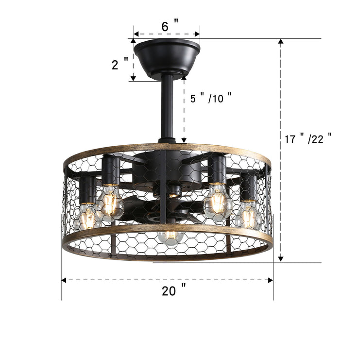 20" Industrial Cage Ceiling Fan With Remote Control, 7 Blades, DC Motor, 1H / 4H / 8H Timer - Black