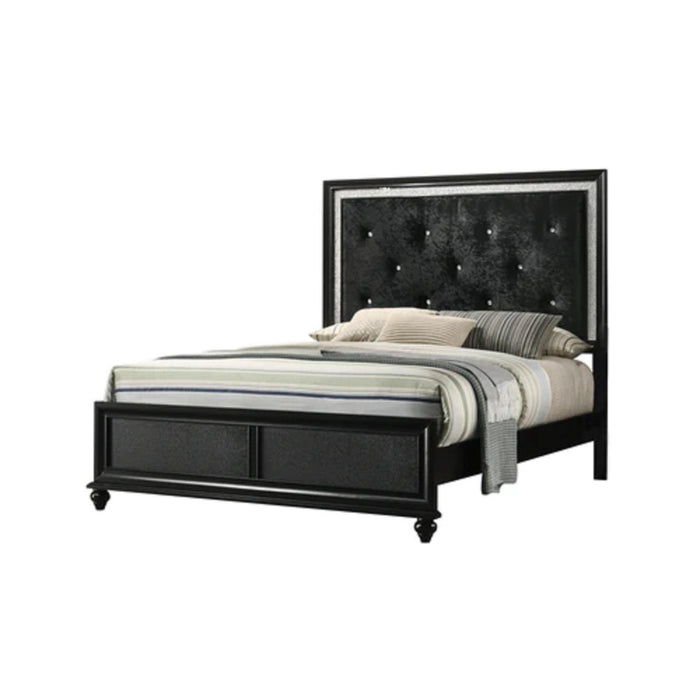 Modern Glam Style Black Finish Upholstered King Size Panel Bed Diamond Patterned Faux - Crystal Button Tufted Solid Wood Wooden Bedroom Furniture